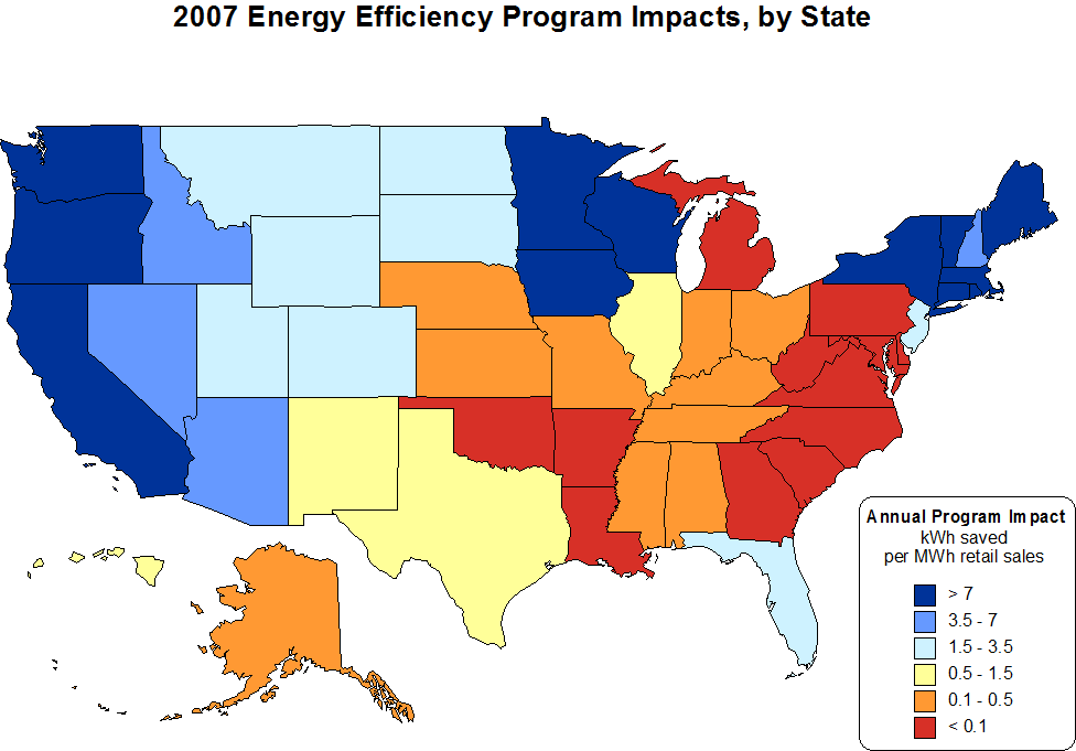 Energy efficiency programs in leading states throughout the U.S. are saving as much as 100 times more energy than most states in the Southeast. Energy efficiency programs have minimal impact in Southeast states, with the exception of Florida which has a mid-range impact.